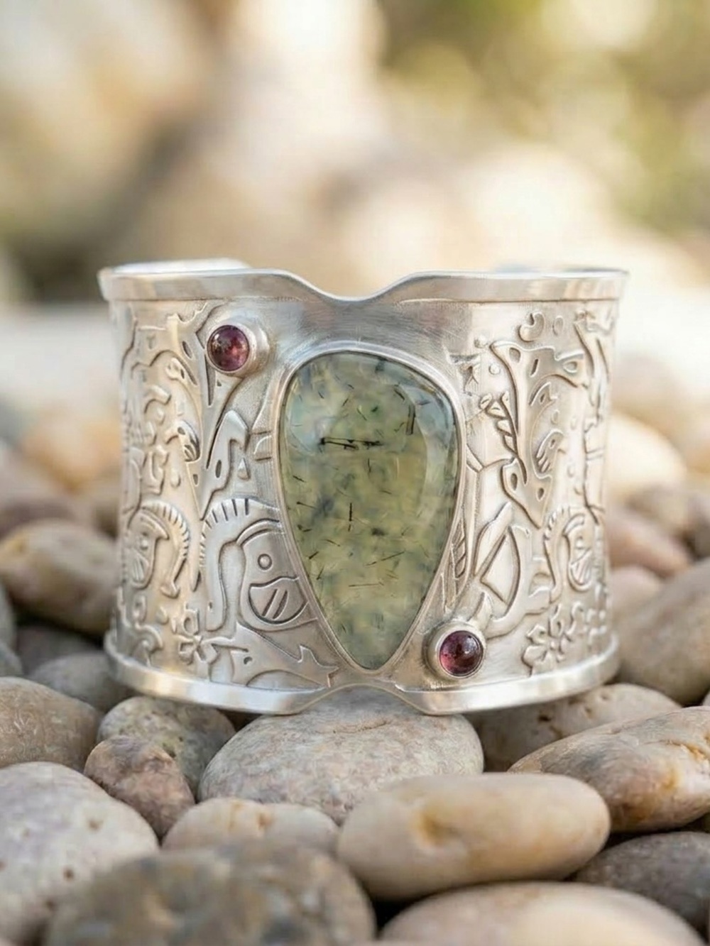 Boho Silver Cuff Bracelet with Apple Green Prehnite Stone